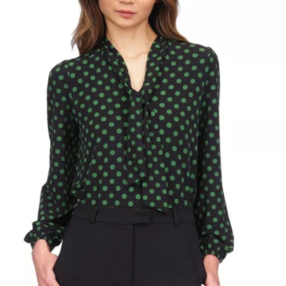 Michael Kors Black and Green Polka Dot Tie-Neck Top - Picture 1 of 8